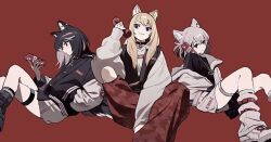  3girls animal_ear_piercing animal_ears antique_phone black_boots black_hair black_jacket black_shirt black_streaks black_vest blonde_hair boots cellphone commentary dog_ears dog_girl dog_tail hand_in_pocket holding holding_phone hood hood_down hoodie jacket jacket_partially_removed kmnz knee_cutout knees_up lita_(kmnz) long_hair medium_hair multicolored_hair multiple_girls nero_(kmnz) official_art pants phone poro_(apom6n) red_background red_pants rotary_phone shirt shorts simple_background sitting smartphone streaked_hair tail thigh_strap tina_(kmnz) vest violet_eyes virtual_youtuber white_boots white_hair white_hoodie white_jacket white_shorts white_streaks 