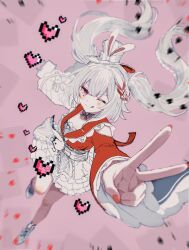  1girl :d animal_ears armor bare_shoulders bow bow_necklace bowtie braid braided_bangs braided_bun braided_hair_rings commentary detached_sleeves diagonal_bangs diamond-shaped_pupils diamond_(shape) dress fingernails frilled_dress frilled_shirt frilled_skirt frilled_sleeves frills grey_hair hair_bun hair_rings hat hat_bow heart heart-shaped_pupils highres holding holding_phone honkai:_star_rail honkai_(series) ichiya_refi japanese_armor legs long_hair miniskirt nail_polish nude one_eye_closed phone pink_background rabbit_belt_buckle rabbit_ears red_eyes red_nails red_shirt running see-through_hair selfie shirt shoes shoulder_armor simple_background skirt sleeve_cuffs smile sode solo sparkle_(honkai:_star_rail) sparxie_(honkai:_star_rail) standing standing_on_one_leg symbol-shaped_pupils twintails untranslatable_commentary v white_hair white_hat white_shoes white_skirt 