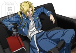  1boy ahoge black_boots blonde_hair blue_jacket blue_pants book boots collared_shirt commentary couch crossed_legs edward_elric frown fullmetal_alchemist furrowed_brow hair_over_shoulder highres holding holding_book jacket long_hair male_focus mechanical_arms military_jacket military_uniform okbdko123 pants parted_bangs ponytail shirt single_mechanical_arm sitting solo untranslatable_commentary white_background white_shirt yellow_eyes 