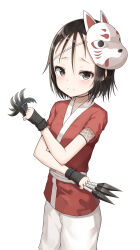  1girl black_gloves black_hair commentary_request fishnet_top fishnets forehead fox_mask frown gloves grey_eyes hanavvi highres japanese_clothes kimono kunai kunoichi_tsubaki_no_mune_no_uchi light_blush looking_at_viewer mask mask_on_head ninja red_kimono rindou_(kunoichi_tsubaki_no_mune_no_uchi) short_hair short_sleeves shorts shuriken simple_background solo weapon white_background white_shorts 