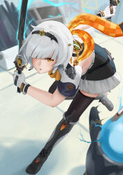  absurdres anby_demara black_thighhighs braid braided_sidelocks checkered_clothes checkered_scarf commentary english_commentary fighting_stance gloves glowing glowing_sword glowing_weapon headband highres holding holding_sword holding_weapon littleduck307 miniskirt motion_blur orange_eyes orange_scarf scarf short_hair short_sleeves skirt sword thigh-highs weapon weapon_request white_gloves white_hair white_skirt zenless_zone_zero 