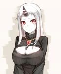 1girl alternate_costume breasts bust cleavage cleavage_cutout heart heart_necklace highres horn jewelry kantai_collection lock long_hair looking_at_viewer necklace open-chest_sweater red_eyes ribbed_sweater ribbon seaport_hime shinkaisei-kan shuuichi solo sweater turtleneck white_hair white_skin 