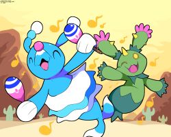  absurdres artist_name brionne cactus closed_eyes commentary desert english_commentary highres holding holding_instrument holding_maracas instrument maracas maractus musical_note no_humans one_eye_closed open_mouth outdoors pokemon pokemon_(creature) sky sleepy_sealion yellow_sky 