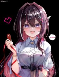  1girl :d absurdres arm_behind_back ascot asymmetrical_sidelocks azki_(4th_costume)_(hololive) azki_(hololive) black_background black_boots black_sash boots bow braid collared_dress colored_inner_hair commentary_request double-parted_bangs dress english_text evil_smile from-moon hair_between_eyes hair_intakes hair_ornament hairclip half_up_braid heart highres holding_map_pin hololive long_hair looking_at_viewer map_pin mole mole_under_eye multicolored_hair open_mouth partially_shaded_face pink_hair pink_streaks puffy_sleeves red_ribbon ribbon sash sidelocks simple_background smile solo speech_bubble streaked_hair string string_of_fate three-quarter_sleeves twitter_username upper_body very_long_hair violet_eyes virtual_youtuber waist_bow watermark white_ascot white_dress white_streaks yandere 