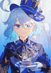  1girl ahoge ascot asymmetrical_gloves black_ascot black_gloves blue_eyes blue_gem blue_hair blue_hat blue_jacket blue_pupils blush cake cake_slice closed_mouth commentary_request drop-shaped_pupils eyes_visible_through_hair food fork furina_(genshin_impact) gem genshin_impact gloves hair_between_eyes hat heterochromia highres holding holding_fork holding_plate jacket korean_commentary long_sleeves looking_at_viewer mismatched_gloves mismatched_pupils multicolored_hair plate senpai0820 short_hair smile solo symbol-shaped_pupils top_hat upper_body wavy_hair white_gloves white_hair 