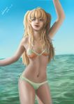  1girl 2014 ahoge ak8722433 arm_up artist_name bikini blonde_hair blue_eyes blue_sky collarbone commentary_request contrapposto cowboy_shot dated eyelashes highres lips long_hair looking_at_viewer messy_hair navel nose ocean open_mouth original outdoors realistic side-tie_bikini signature sky small_breasts smile solo swimsuit twintails water waving 