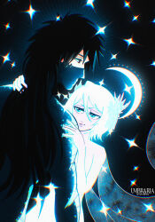  1boy 1girl artist_name bandages_over_mouth black_eyes black_hair bleach blue_eyes chromatic_aberration commentary crescent hair_ornament hakka_no_togame_(bankai) height_difference highres ice kuchiki_rukia kurosaki_ichigo lips pink_lips saigo_no_getsuga_tenshou smile sparkle umbra_(edits_umbra) watermark white_hair 