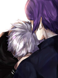  2boys black_shirt closed_eyes comforting commentary_request facing_another hand_on_another's_chest hand_on_another's_head highres kaneki_ken long_sleeves male_focus multiple_boys purple_hair shirt shishi_(eai_make) short_hair simple_background tokyo_ghoul tsukiyama_shuu upper_body white_background white_hair 
