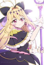  1girl antenna_hair backlighting black_bow black_capelet black_dress blonde_hair bow capelet closed_mouth commentary cowboy_shot cure_arcana_shadow diamond_hairband dress earrings frilled_capelet frilled_cuffs frills from_side gradient_hair hair_bow hair_intakes highres holding holding_staff jewelry kakiuchi_itsuki looking_at_viewer magical_girl meitantei_precure! moria_luluka multicolored_hair precure purple_veil simple_background smile solo sparkle staff standing tear_arcana_rod veil violet_eyes white_background 