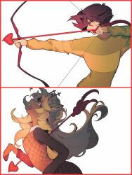  1girl 1other aiming animal_ears antlers arrow_(projectile) arrow_in_body blonde_hair bow_(weapon) brown_hair bwompfish checkered_sweater_vest commentary deer_antlers deer_ears deer_girl deltarune english_commentary furry furry_female green_sweater highres holding holding_bow_(weapon) holding_weapon horns kris_(deltarune) long_hair long_sleeves noelle_holiday open_mouth red_eyes shirt short_hair sweater utdr_(toby_fox) valentine very_long_hair weapon 