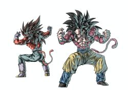  2boys absurdres black_hair blue_pants body_fur boots clenched_hand clenched_hands closed_mouth dragon_ball dragon_ball_gt fighting_stance full_body highres long_hair male_focus monkey_tail multiple_boys muscular muscular_male nazunnio1225 pants red_fur red_tail simple_background smirk son_goku spiky_hair super_saiyan super_saiyan_4 tail topless_male vegeta white_background yellow_eyes yellow_pants 