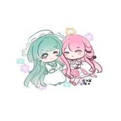  2girls ^_^ absurdly_long_hair ahoge animal animal_on_head artist_self-insert bare_shoulders belt black_belt black_bow black_ribbon bow bowtie bra_strap cat cat_on_head chibi chinese_commentary cloak closed_eyes closed_mouth clothed_animal commentary_request dress ear_covers frilled_shirt frilled_skirt frilled_sleeves frills frown green_eyes green_shorts green_vest hair_bow hair_ribbon happy hat heads_together highres holding_hands hood hood_up hooded_cloak infinity_nikki jingmo22990 lace-trimmed_headwear lace_trim layered_skirt light_blush long_dress long_hair long_sidelocks long_sleeves looking_at_another low_twintails medium_skirt momo_(nikki) multiple_girls nikki_(nikki) nikki_(series) off-shoulder_shirt off_shoulder on_head one_eye_closed orange_bow orange_bowtie paw_print perfect_start_(infinity_nikki) pink_hair pink_shoes pink_skirt print_skirt puffy_long_sleeves puffy_sleeves ribbon sad shirt shoes shorts sidelocks signature skirt snowflake_print stylist_(nikki) tearing_up tress_ribbon twintails very_long_hair vest wavy_hair white_background white_cat white_dress white_hat white_shirt white_skirt yellow_cloak 