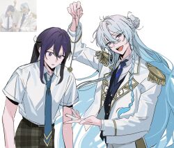  2boys arm_up belt black_belt blue_hair blue_necktie blue_vest braid braided_sidelock buttons coin coin_on_string collared_shirt eichi_turnr ensemble_stars! epaulettes grey_pants hair_between_eyes hair_bun hair_ribbon hand_up hibiki_wataru highres holding hypnosis jacket kanzaki_souma long_hair long_sleeves male_focus mind_control multiple_boys necktie open_mouth pants parted_lips photo-referenced plaid_clothes plaid_pants ponytail purple_hair reference_inset ribbon school_uniform shirt short_sleeves sidelocks simple_background smile teeth upper_body upper_teeth_only vest violet_eyes white_background white_jacket white_pants white_ribbon white_shirt wide-eyed yumenosaki_school_uniform 