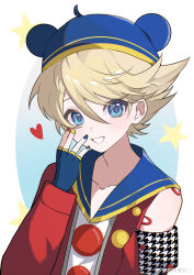  1boy absurdres androgynous bisho_imobing_hito blonde_hair blue_eyes blue_hat collarbone commentary_request detached_sleeves hat highres kuma_(human)_(persona_4) kuma_(persona_4) looking_at_viewer male_focus multicolored_nails persona persona_4 short_hair solo upper_body 