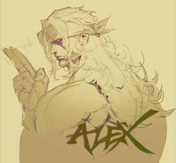  1boy alex_(street_fighter) arm_up character_name closed_mouth fingerless_gloves frown gloves headband hellkat highres long_hair looking_at_viewer looking_back male_focus monochrome sketch solo street_fighter street_fighter_iii_(series) topless_male upper_body 