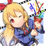  1girl aikatsu! blonde_hair blush film_strip hair_ribbon hoshimiya_ichigo long_hair looking_at_viewer one_eye_closed open_mouth party_favor party_popper red_eyes ribbon smile yuuzii 