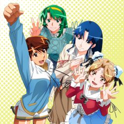  4girls absurdres arm_up blue_eyes blue_hair blue_skirt brown_eyes brown_hair brown_skirt bun_cover clenched_hand double_bun fujiwara_aya green_eyes green_hair hair_bun hairband halftone halftone_background hayasaka_akira highres long_hair long_skirt looking_at_viewer miniskirt multiple_girls non-web_source official_art open_hands open_mouth own_hands_together photoshop_(medium) shoko_(super_real_mahjong) short_hair skirt smile super_real_mahjong tanaka_ryou toono_mizuki w yellow_hairband 