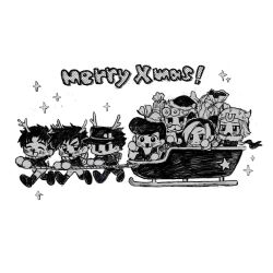  1girl 6+boys antlers battle_tendency blush commentary_request cone_hair_bun diamond_wa_kudakenai fake_beard fake_facial_hair fake_mustache full_body giorno_giovanna greyscale hair_bun hat higashikata_josuke highres horns johnny_joestar jojo_no_kimyou_na_bouken jonathan_joestar joseph_joestar joseph_joestar_(young) kujo_jolyne kujo_jotaro merry_christmas monochrome multiple_boys neg_50asu open_mouth phantom_blood sack sleigh sparkle stardust_crusaders steel_ball_run stone_ocean vento_aureo 