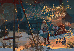  2boys blurry bokeh bomber_jacket boots brown_hair building car church coat crash depth_of_field disco_elysium dutch_angle english_text facial_hair ferris_wheel flag grass grey_coat hand_in_pocket harry_du_bois hat jacket kim_kitsuragi light_particles luis_melo motor_vehicle multiple_boys mutton_chops night orange_jacket outdoors power_lines silhouette smoke smoke_trail snow snowing source_quote utility_pole wide_shot 