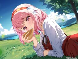  1girl absurdres black_ribbon blue_sky blush bread breasts clouds commentary dress eating english_commentary fire_emblem fire_emblem_engage food food_in_mouth grass hair_ribbon hairband highres holding holding_food lake lapis_(fire_emblem) loaf_of_bread long_sleeves looking_at_viewer lying mountainous_horizon multicolored_hairband neck_ribbon on_back on_stomach open_mouth outdoors pink_eyes pink_hair red_dress red_eyes red_hairband red_skirt ribbon ryo-suzuki shirt short_hair skirt sky small_breasts smile solo teeth tree two-tone_hairband water white_ribbon white_shirt 