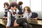  4girls black_legwear brown_hair crossed_legs desk katou_otome koizumi_natsumi long_hair looking_at_viewer looking_back mori_kumi multiple_girls obuchi_minami pleated_skirt ponytail school_days school_uniform shingyouji_tatsuya sitting skirt smile thigh-highs zettai_ryouiki 