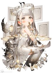  +_+ 1girl :3 bare_shoulders blush brown_eyes closed_mouth commentary commentary_request dress ear_piercing from_side gloves grey_hair grey_thighhighs halo highres holding long_hair nail_polish original partially_fingerless_gloves picture_frame piercing ryota_(ry_o_ta) sheet_music simple_background sitting sleeveless sleeveless_dress solo thigh-highs untranslatable_commentary very_long_hair white_background white_dress white_gloves yellow_nails 