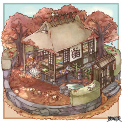  1girl :d animal_ears autumn autumn_leaves bird brown_hair cabinet cat chigu closed_eyes commentary_request commission dairoku_ryouhei diorama dress falling_leaves fish fox fox_ears fox_girl fox_tail hedge kotatsu leaf leaf_pile maple_leaf musical_note pond rake rock shouji sign sliding_doors smile spoken_musical_note stone_lantern table tail tatami tree washitsu 