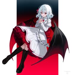  1girl absurdres back_bow bat_wings black_background black_boots blue_eyes boots bow commentary corset dress full_body gradient_background highres interlocked_fingers juliet_sleeves lace-up_boots long_sleeves looking_at_viewer medium_hair own_hands_together puffy_sleeves purple_background pyonsuke_(pyon2_mfg) red_bow red_eyes red_nails remilia_scarlet solo touhou untranslatable_commentary white_corset white_dress wings 
