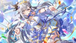  1girl :d absurdres asymmetrical_hair balloon bare_shoulders black_ribbon blue_bow blue_bowtie blue_eyes blue_sky bow bowtie braid braided_bangs breasts collared_dress commentary_request concert cone_hair_bun confetti copyright_notice day detached_sleeves double-parted_bangs double_bun dress dutch_angle feet_out_of_frame garter_straps gold_tiara grey_hair grey_socks grin gyaru_v gyaru_w hair_behind_ear hair_between_eyes hair_bun hair_ornament hair_ribbon hairclip headset highres hololive hololive_dreams hololive_indonesia idol_clothes layered_skirt lens_flare long_hair looking_at_viewer medium_breasts outdoors over-kneehighs puffy_short_sleeves puffy_sleeve_cuffs puffy_sleeves ribbon short_sleeves skirt sky sleeveless sleeveless_dress smile socks solo thigh-highs two_side_up underbust v very_long_hair vestia_zeta virtual_youtuber w white_dress 