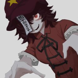  1girl drooling hair_over_one_eye hat hat_ornament highres jiangshi kill_kizu looking_at_viewer miyako_yoshika ofuda one_eye_covered open_mouth outstretched_arms red_eyes red_hair red_hat saliva short_hair simple_background star_(symbol) third-party_source touhou white_background zombie_pose 