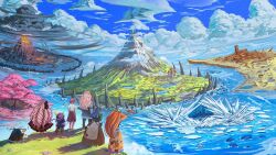  6+others absurdres ambiguous_gender benii21 castle clouds cloudy_sky commission cumulonimbus_cloud desert dungeons_&amp;_dragons english_commentary giant_tree highres ice_spikes landscape long_hair mountain multiple_others original pink_hair purple_hair sea_serpent ship short_hair sky tree veil very_long_hair volcano watercraft wavy_hair 