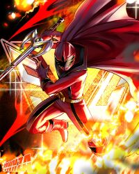 1boy absurdres artist_name bodysuit cape commentary english_commentary fire full_body helmet highres holding holding_sword holding_weapon magi_red mahou_sentai_magiranger male_focus red_bodysuit red_cape red_helmet solo super_sentai sword tokusatsu weapon yowhza 