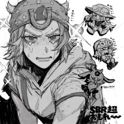  3boys angry commentary_request copyright_name crying diego_brando eyelashes fangs greyscale grid_teeth grin gyro_zeppeli hair_through_headwear hat highres horseshoe_ornament johnny_joestar jojo_no_kimyou_na_bouken monochrome multiple_boys neg_50asu short_hair smile sparkle steel_ball_run translation_request tusk_(stand) 