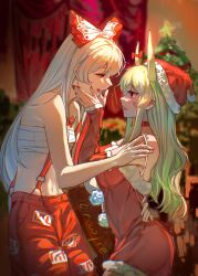  2girls after_kiss bell bite_mark_on_lip blood bow breasts chest_sarashi chinese_commentary christmas_tree collar commentary curtains detached_sleeves dress ex-keine from_side fujiwara_no_mokou green_hair hair_bow hand_on_another's_back hand_on_another's_shoulder hands_on_another's_cheeks hands_on_another's_face hat height_difference highres horn_ornament horn_ribbon horns indoors kamishirasawa_keine long_hair long_sleeves looking_at_another medium_breasts multiple_girls navel neck_bell no_shirt open_mouth pants pom_pom_(clothes) qiukui022 red_collar red_dress red_eyes red_hat red_nails red_pants red_sleeves ribbon sarashi small_breasts suspenders touhou yuri 