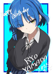  1girl absurdres black_jacket black_ribbon black_skirt black_thighhighs blunt_bangs bocchi_the_rock! brown_shoes citronroll closed_mouth collared_shirt commentary_request eyes_visible_through_hair foot_out_of_frame foreshortening hair_ornament hand_in_pocket happy_birthday head_tilt highres jacket light_blush looking_at_viewer mole mole_under_eye neck_ribbon pleated_skirt ribbon shirt shoes skirt solo standing thigh-highs white_shirt yamada_ryo 