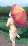  1girl black_hair blush from_behind monorus npc parasol parasol_lady_(pokemon) pokemon pokemon_(game) pokemon_oras raincoat smile solo umbrella walking wellingtons 