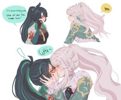  ! 2girls chinese_clothes closed_eyes commentary english_commentary english_text genshin_impact glasses gloves green_hair highres kiss multiple_girls neonnyes ponytail red-framed_eyewear surprise_kiss surprised white_hair xianyun_(genshin_impact) yuri zibai_(genshin_impact) 