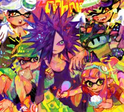  bike_shorts callie_(splatoon) eating goggles goggles_on_head inkling kazeshio_(kzso) looking_at_viewer marie_(splatoon) non-web_source oekaki one_eye_closed open_mouth smile spiky_hair splatoon_(series) spyke_(splatoon) 
