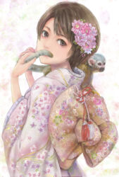  1girl animal_on_shoulder black_hair chinese_zodiac commentary_request covered_mouth floral_print floral_print_kimono flower from_behind hair_flower hair_ornament highres japanese_clothes kanzashi kimono long_sleeves looking_back looking_to_the_side mamoru_(mamoru_jinja) original pink_flower pink_kimono print_kimono short_hair solo swept_bangs upper_body wide_sleeves year_of_the_monkey yukata 