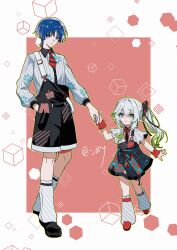  1boy 1girl alternate_costume aqua_skirt aranara_(genshin_impact) artist_name belt black_bow black_ribbon black_shoes black_shorts blunt_ends border bow bowtie braid bright_pupils character_print closed_mouth collared_shirt commentary_request cross-shaped_pupils cube eyeshadow full_body genshin_impact gradient_hair green_eyes green_hair hair_between_eyes hair_bow hair_ornament hand_in_pocket hand_up height_difference highres holding_hands houhouhou0103 leaf_hair_ornament leg_warmers long_hair long_sleeves looking_at_viewer makeup multicolored_hair nahida_(genshin_impact) necktie no_headwear outside_border paw_print pink_background pointy_ears puffy_long_sleeves puffy_sleeves red_bow red_bowtie red_eyeshadow red_necktie red_shoes ribbon scaramouche_(genshin_impact) shirt shoes short_hair short_sleeves shorts side_ponytail sidelocks single_braid skirt smile square_print standing standing_on_one_leg striped_bow striped_bowtie striped_clothes striped_necktie striped_shirt suspender_shorts suspender_skirt suspenders symbol-shaped_pupils triangle_print two-tone_hair violet_eyes wavy_hair white_belt white_border white_hair white_leg_warmers white_pupils white_shirt wrist_cuffs 