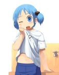  1girl blue_eyes blue_hair gym_uniform hair_cubes hair_ornament naganohara_mio navel nichijou nishimura_(prism_engine) one_eye_closed open_mouth shirt_lift short_hair short_twintails solo sweat twintails 