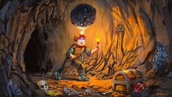  1other benii21 booby_trap boulder cave_interior commentary d: dynamite english_commentary explosive falling headlamp hermes_boots_(terraria) highres holding holding_pickaxe holding_torch imminent_death knee_pads looking_up miner mining_helmet pickaxe silk skeleton spider_web stalactite terraria torch turn_pale walking 