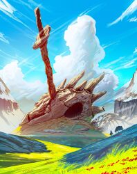  1other absurdres benii21 clouds cumulonimbus_cloud dragon_skull giant_skull grass highres horns huge_weapon landscape multiple_horns original outdoors rust weapon 