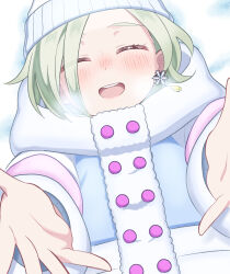  1girl :d ^_^ beanie blue_hat blue_jacket blush breath buttons closed_eyes commentary_request double-breasted earrings facing_viewer grey_hair hat highres ishimochi_(daleka333) jacket jewelry love_live! love_live!_nijigasaki_high_school_idol_club mia_taylor nose_blush open_mouth outstretched_arms single_earring smile snowflake_earrings solo teeth upper_body upper_teeth_only white_delight_(love_live!) 
