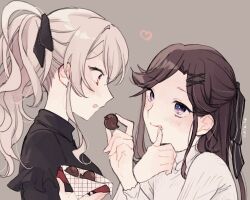  2girls :q alternate_hairstyle animal-themed_food artist_name black_ribbon black_shirt blonde_hair blush box box_of_chocolates brown_background brown_hair chocolate chocolate_on_face closed_mouth commentary eye_contact feeding food food_on_face frilled_shirt frills from_side hair_ornament hair_ribbon half_updo hand_up hands_up heart holding holding_box holding_chocolate holding_food long_hair long_sleeves looking_at_another multiple_girls open_box parted_bangs parted_lips ponytail red_eyes ribbed_sweater ribbon saijou_claudine shirt shoujo_kageki_revue_starlight sidelocks simple_background smile sweater tendou_maya tongue tongue_out untranslatable_commentary upper_body valentine violet_eyes wato_(ko) wavy_hair white_sweater wiping_mouth x_hair_ornament yuri 