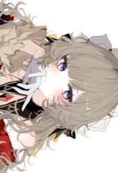  1girl absurdres black_bow blue_eyes bonnet bow brown_hair closed_mouth commentary detached_sleeves frilled_sleeves frills gem genshin_impact gloves half_gloves head_rest headdress highres looking_at_viewer magnet_8_8 portrait red_gem sandrone_(genshin_impact) short_hair_with_long_locks sideways_glance simple_background solo white_background white_gloves white_headdress wide_sleeves yellow_bow 