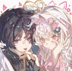  1boy 1girl :p animal_ears antenna_hair armor artist_request black_bodysuit black_hair blue_cape blue_hair blunt_ends blush bodysuit bright_pupils cape cat_ears closed_mouth colored_inner_hair commission commissioner_insert couple covered_collarbone crossed_bangs demon_horns diamond-shaped_pupils diamond_(shape) eyeliner fingernails flower genshin_impact grey_eyes hair_between_eyes hair_flower hair_intakes hair_ornament hand_on_own_face hayami_momo_(hayamimomo) hetero highres holding_hands horns interlocked_fingers japanese_armor japanese_clothes kimono kote kurokote long_hair looking_at_another looking_at_viewer makeup mandarin_collar middle_ring multicolored_hair oc_x_canon original parted_bangs pink_eyes pink_flower pink_hair pink_sleeves purikura red_eyeliner red_hair scaramouche_(genshin_impact) second-party_source side_cape spoken_expression streaked_hair sweatdrop symbol-shaped_pupils tongue tongue_out tsurime wanderer_(genshin_impact) white_background white_kimono white_pupils wispy_bangs 
