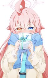  1girl 3kfce absurdres ahoge blue_archive blue_eyes blue_necktie blue_scarf blush brown_coat coat commentary_request covering_own_mouth gift hair_flaps halo heterochromia highres holding holding_gift hoshino_(blue_archive) long_hair long_sleeves looking_at_viewer necktie open_clothes open_coat orange_eyes pink_hair pink_halo scarf shirt simple_background solo sweat upper_body valentine white_background white_shirt 