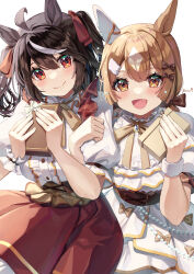  2girls absurdres ahoge alternate_costume animal_ears black_hair blush box brown_eyes brown_hair brown_skirt closed_mouth commentary_request gift gift_box highres holding holding_box holding_gift horse_ears horse_girl kitasan_black_(umamusume) long_hair long_sleeves looking_at_viewer multicolored_hair multiple_girls open_mouth puffy_long_sleeves puffy_sleeves red_eyes satono_diamond_(umamusume) shirt short_hair simple_background skirt smile streaked_hair two_side_up umamusume white_background white_shirt white_streaks yoru_usagi 