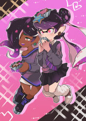  2girls black_hair black_shoes black_skirt bow-shaped_hair callie_(splatoon) cephalopod_eyes collared_shirt colored_extremities colored_tongue commentary cross-shaped_pupils dark-skinned_female dark_skin earrings english_commentary food food_on_head full_body gomipomi gradient_hair green_eyes grey_sweater hair_over_one_eye highres holding holding_food horizontal_pupils inkling jewelry long_hair long_sleeves marina_(splatoon) mole mole_under_eye mole_under_mouth multicolored_hair multiple_girls necktie object_on_head octoling off-shoulder_sweater off_shoulder one_eye_covered open_mouth parted_bangs pink_eyes pink_hair pink_pupils pleated_skirt pointy_ears purple_necktie purple_tongue red_shoes school_uniform shirt shoes skirt smile sneakers socks splatoon_(series) sweater symbol-shaped_pupils tentacle_hair twintails white_shirt white_skirt white_socks 